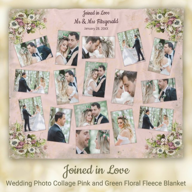 Hochzeitsfoto Collage Pink + Grüner Blumenstrauß Fleecedecke (Wedding Photo Collage Pink and Green Floral Keepsake Fleece Blanket)