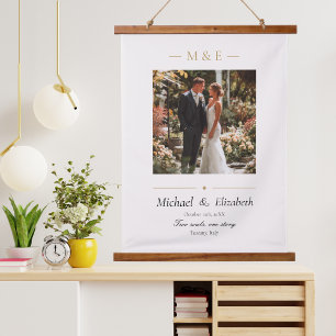 Hochzeitsfoto Elegant Creme Gold Modern Maßgeschne Wandteppich Mit Holzrahmen