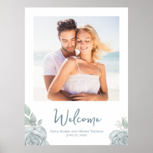 Hochzeitsfoto Florales Blau Wasserfarbe Elegante R Poster