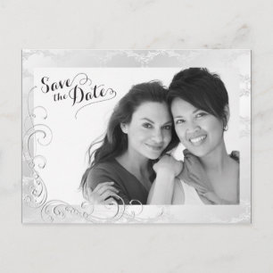 Hochzeitsfoto Gay Silber Damast Save-the-Date Ankündigungspostkarte