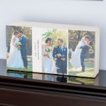 Hochzeitsfotocollage - 3 Fotos und Text nach Maß Holzkisten Schild<br><div class="desc">Hochzeitsholz aus Foto mit 3 Hochzeitsfotos und Ihrem eigenen Text, wie z.B. Name des neuen Mr. und Mrs. Die Vorlage ist für das Hinzufügen von bis zu 3 Fotos bereit, die als 3x vertikales Porträtformat angezeigt werden. Das Design ist in dunkelblau und weiß - wenn Sie gewollt haben, die Farben...</div>