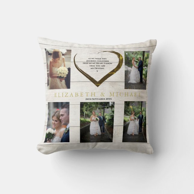 Hochzeitsfotocollage Rustic Simple Heart Quote Kissen (Vorderseite)