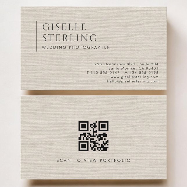 Hochzeitsfotograf Luxus Neutraler Leinen QR-Code Visitenkarte (Von Creator hochgeladen)