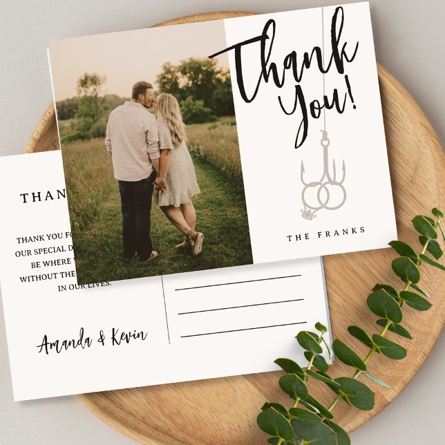 Hochzeitsfotos von Fishing Hook Postkarte (Fishing Themed Wedding Picture Thank You Postcard in Black )