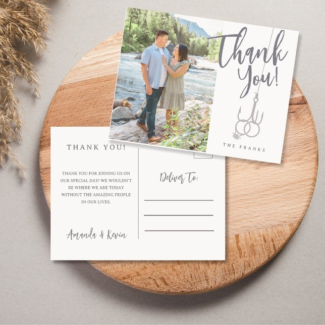 Hochzeitsfotos von Fishing Hook Postkarte (Fishing Themed Picture Wedding Thank You Postcard)
