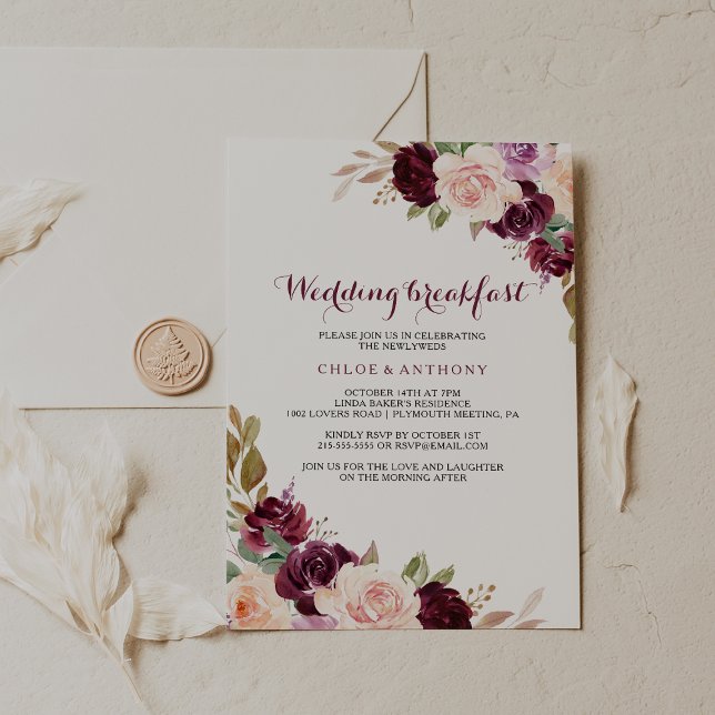 Hochzeitsfrühstück "Green Blush Burgundy Floral" Einladung (Von Creator hochgeladen)