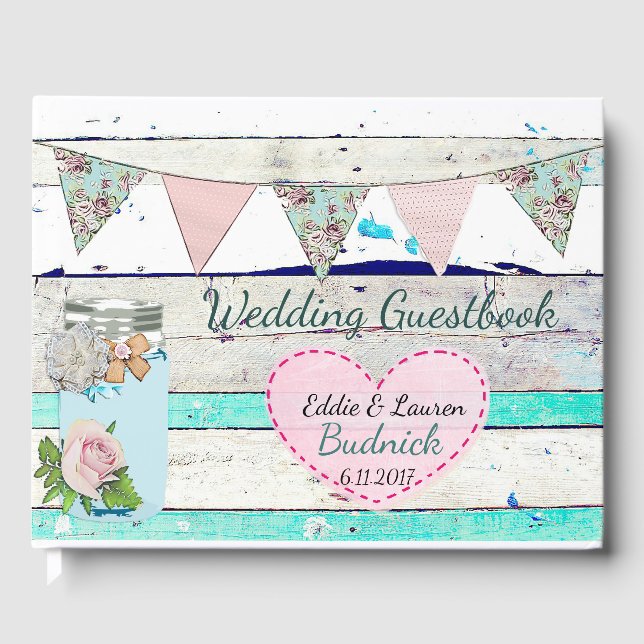 Hochzeitsgast Aquamarines rustikales Shabby Chic Gästebuch (Vorderseite)