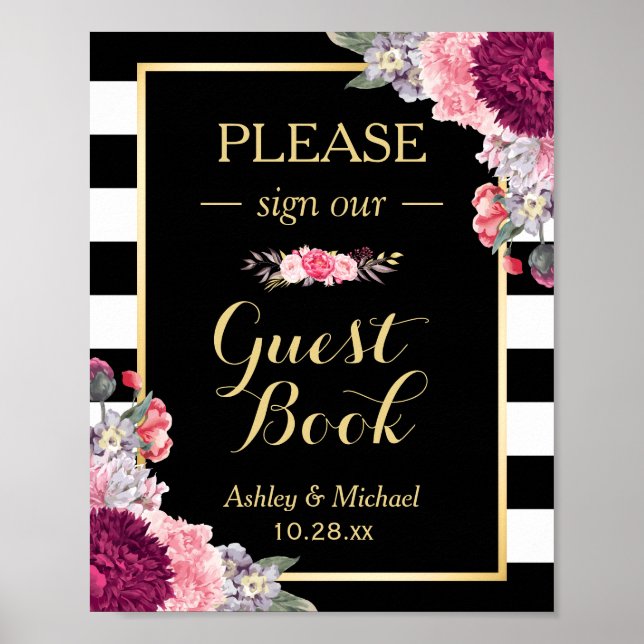 Hochzeitsgast-Gästebuch signieren Burgundy Florale Poster (Vorne)