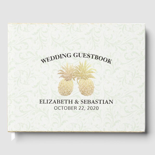 Hochzeitsgast Gold Foil Ananas Damask Paper Gästebuch (Vorderseite)