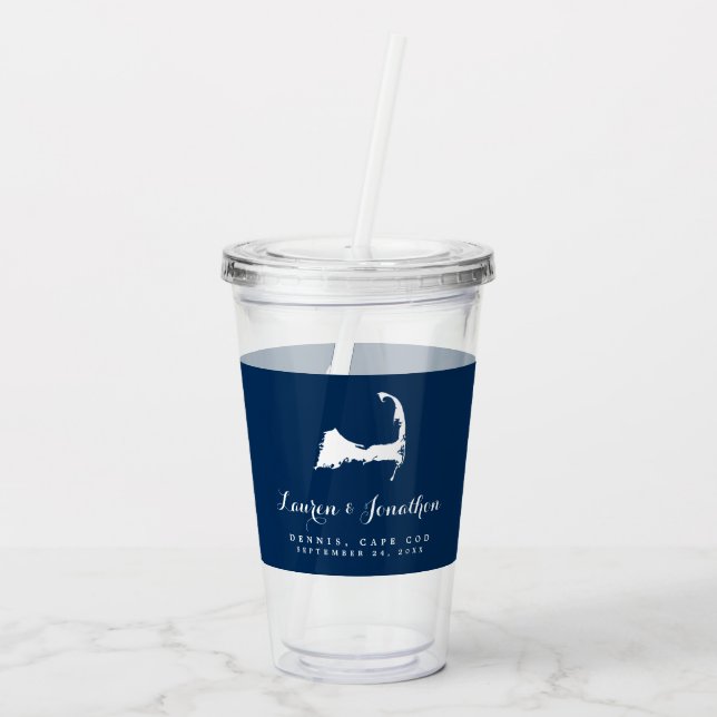 Hochzeitsgast in Navy Blue und White Cape Cod Map Acryltrinkbecher (Rückseite)
