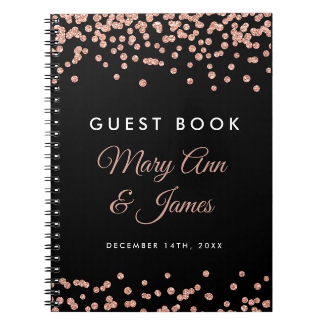 Hochzeitsgast Rose Gold Glitzer Confetti Black Notizblock (Vorderseite)