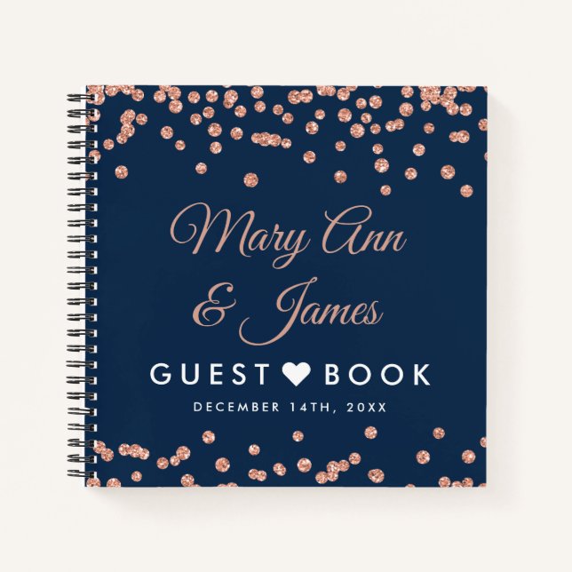 Hochzeitsgast Rose Gold Glitzer Confetti Navy Notizbuch (Vorderseite)