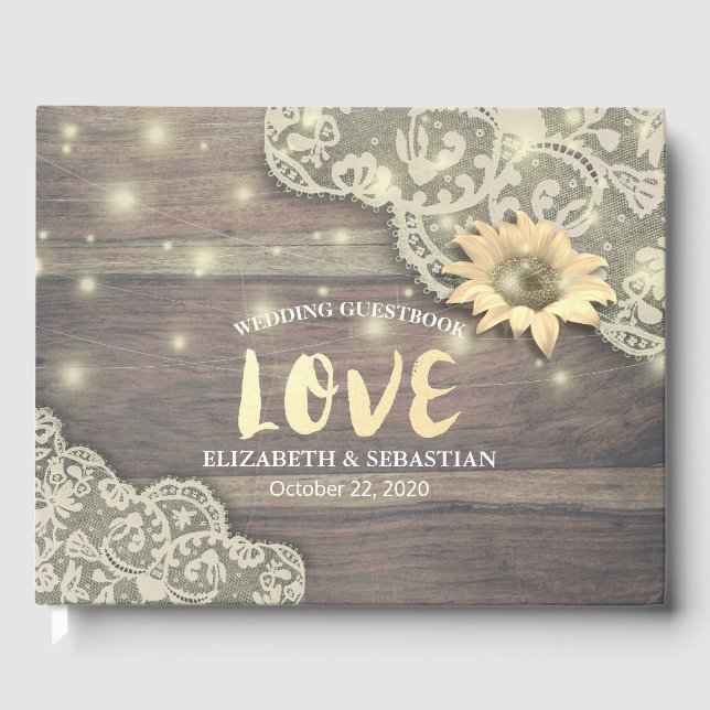 HochzeitsgastBuch Lace Sunflower Rustic Wood Light Gästebuch (Vorderseite)