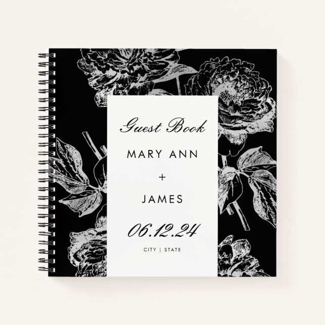 HochzeitsgastBuch Modern Simple Floral Silver Blac Notizbuch (Vorderseite)