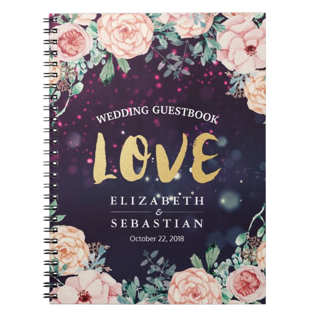 HochzeitsgastBuch Modernes, florales Lila Gold Scr Notizblock (Vorderseite)