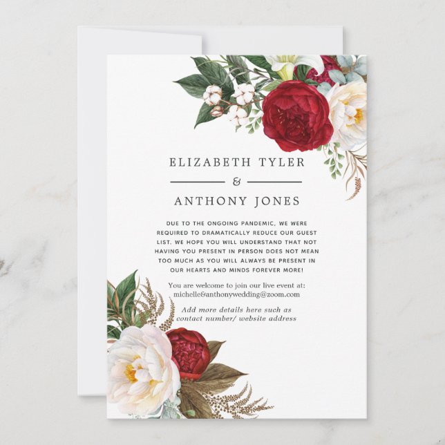 Hochzeitsgäste von Boho Red and White Floral Reduc Ankündigung (Vorderseite)