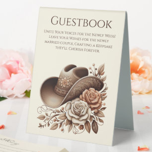 Hochzeitsgästebuch-Schild-Cowgirl-Hut mit Blumen Tischaufsteller