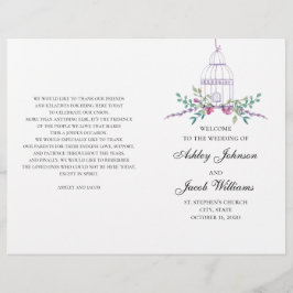 Hochzeitsgeburtenprogramm gefaltet. Purpurblumen