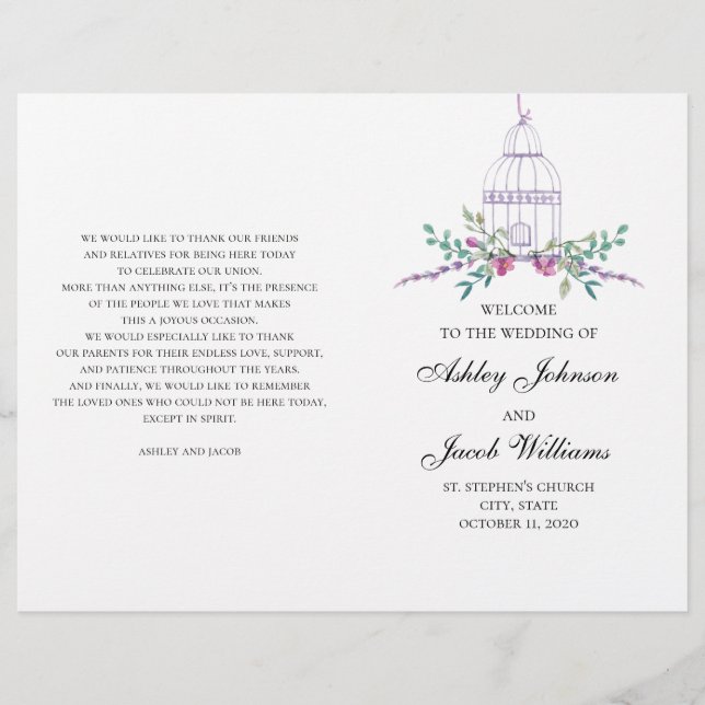 Hochzeitsgeburtenprogramm gefaltet. Purpurblumen (Vorderseite)