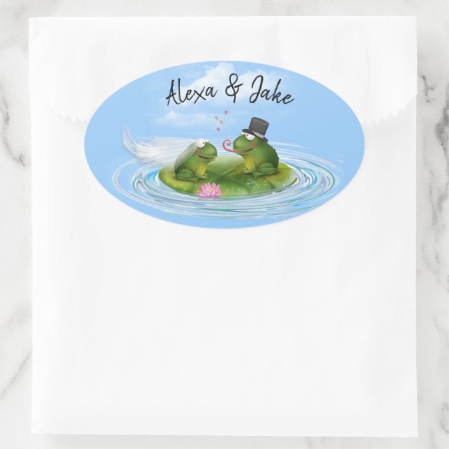 Hochzeitsgefrösche auf Lily Pad Ovaler Aufkleber (Tasche)