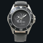 Hochzeitsgeschenk Classic Monogram Name Armbanduhr<br><div class="desc">Hochzeitsfeier gibt Trauzeugen Trauzeuge Geschenk Classic Monogram Name Coole Sportuhr mit schwarzem Lederband. Klicken Sie auf diese Vorlage personalisieren, um sie mit dem ersten Monogramm-Nachnamen, dem Vornamen und dem Hochzeitdatum schnell und einfach anzupassen. Hochzeitsgeschenk Classic Monogram Name Watch, ist Teil der Trauzeuge Geschenke Sammlung in diesem Laden. 30 Tage Geld...</div>