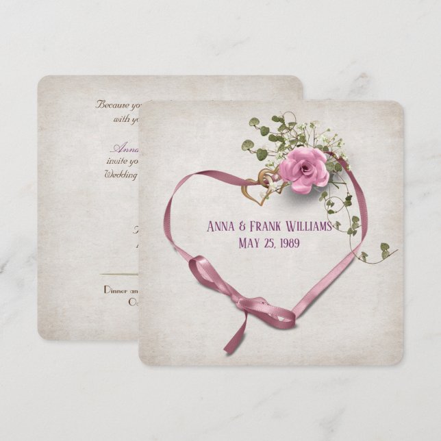 Hochzeitsgeschenk Erneuerung rosa Band Herz mit Ri Einladung (Vorne/Hinten)