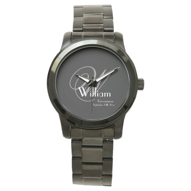 Hochzeitsgeschenk Modernes Monogramm Cool Schwarz Armbanduhr (Vorderseite)