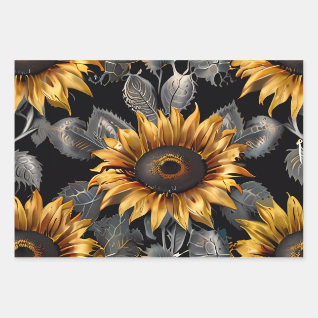 Hochzeitsgeschenk Silver & Gold Sonnenblume Geschenkpapier Set (Vorderseite)