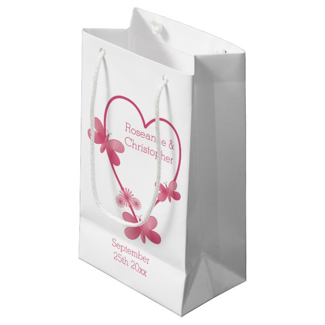 Hochzeitsgeschenk Tasche Pink Herz und Schmetterli Kleine Geschenktüte (Vorderseite Schrägansicht)