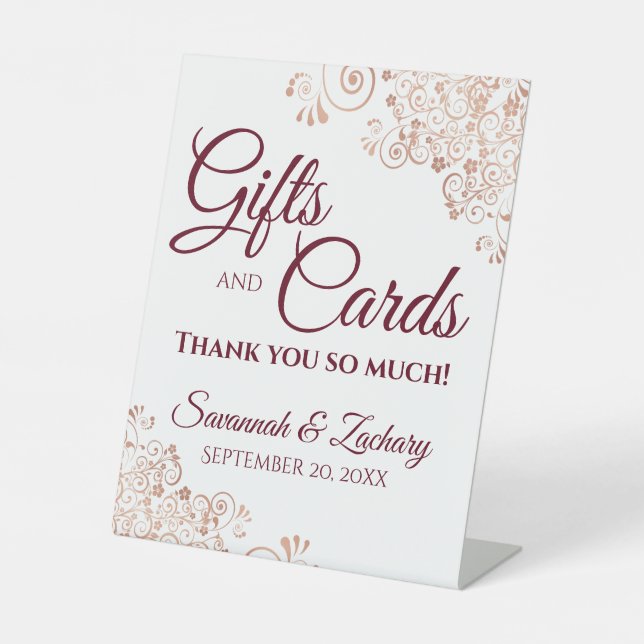Hochzeitsgeschenke & Karten Rose Gold Frills & Bur Sockelschild (Vorderseite)