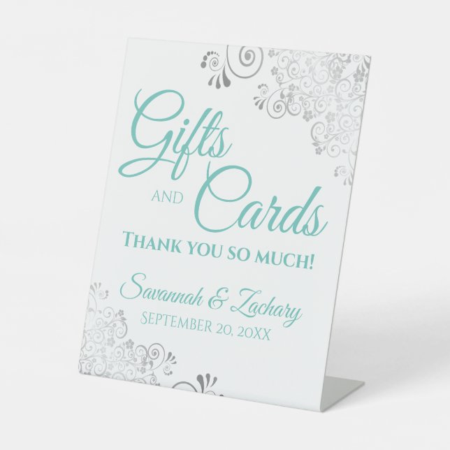 Hochzeitsgeschenke & Karten Silver Frills & Aqua A Sockelschild (Vorderseite)