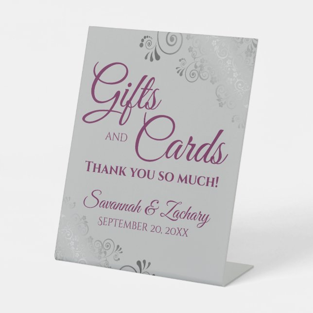 Hochzeitsgeschenke und Karten Lacy Silver Magenta  Sockelschild (Vorderseite)