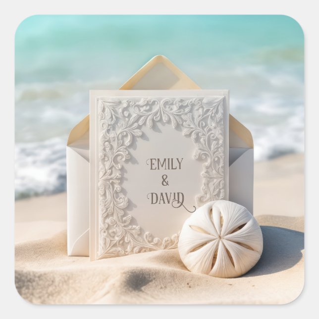 Hochzeitsgeschichten mit Sand Dollar Quadratischer Aufkleber (Vorderseite)