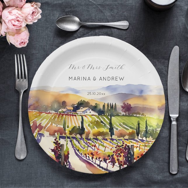 Hochzeitsgeschirr im Napa Valley Pappteller (Napa valley vineyard watercolor personalized wedding plates)