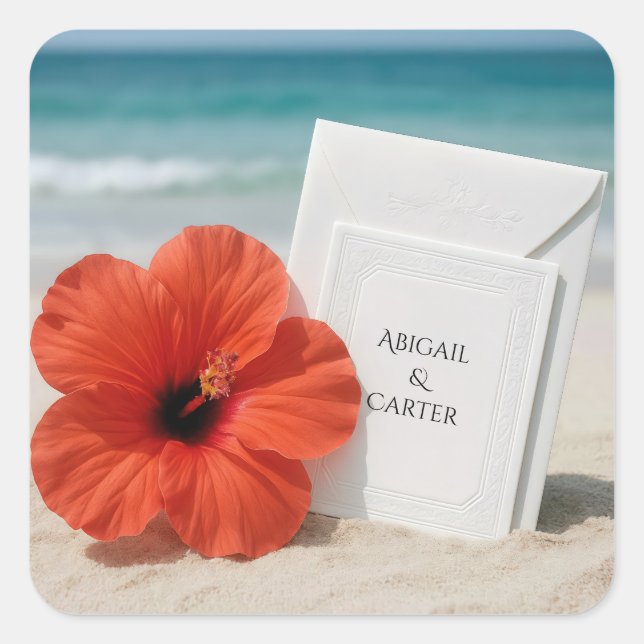 Hochzeitsgeschoss am Strand mit Hibiskus Blume Quadratischer Aufkleber (Vorderseite)