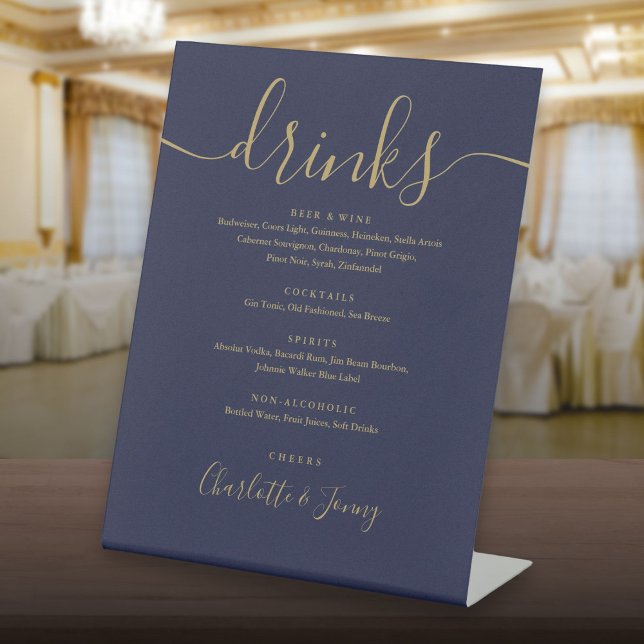 Hochzeitsgetränk-Menü "Navy Blue and Gold Script" Sockelschild (Navy Blue And Gold Script Wedding Drinks Menu Pedestal Sign)