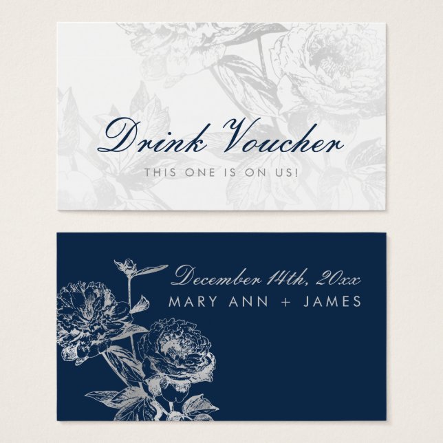 Hochzeitsgetränk Voucher Moderne florale Silver Na (Vorne & Hinten)