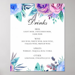Hochzeitsgetränke in Aquarellblau und Rosa Bar Poster