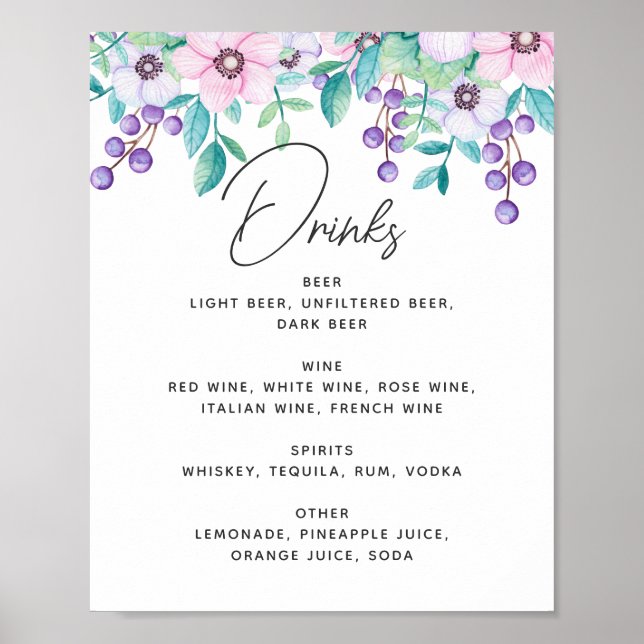 Hochzeitsgetränke mit lila und rosa Blumenmotiv Poster (Vorne)