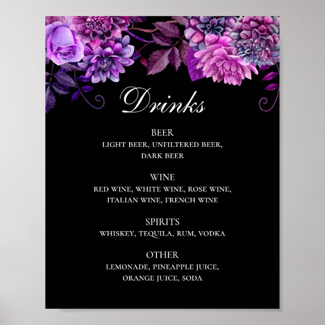 Hochzeitsgetränke mit lila und schwarzem Blumen Poster (Vorne)
