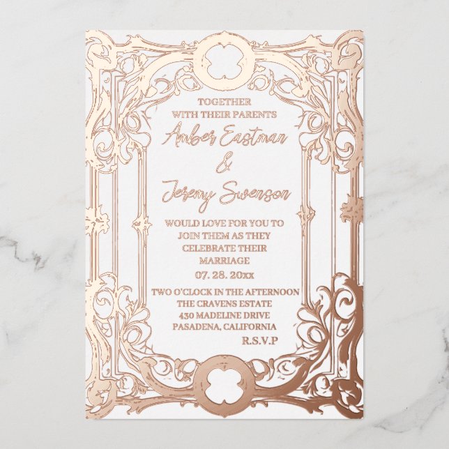 Hochzeitsgold und romantische Rose Folieneinladung (Vorderseite)