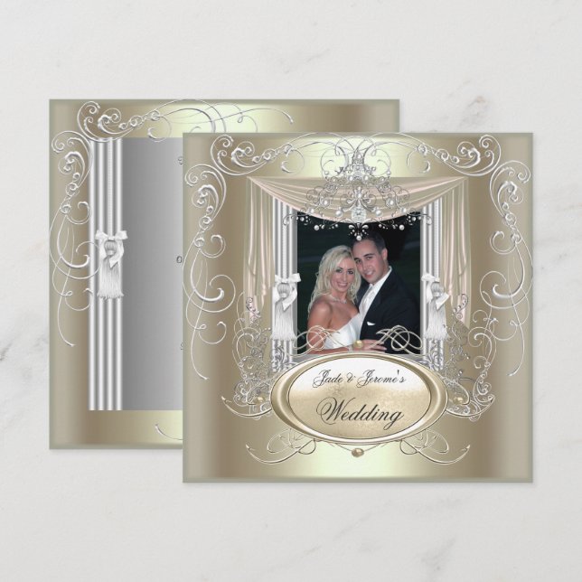 Hochzeitsgoldminze Silber Verziertes Elegant Einladung (Vorne/Hinten)