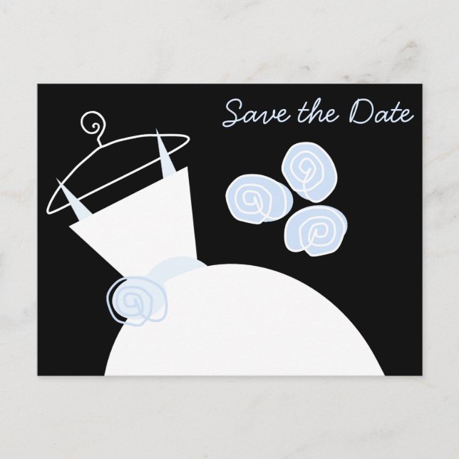 Hochzeitsgown Blau Save the Date schwarz Ankündigungspostkarte (Vorderseite)