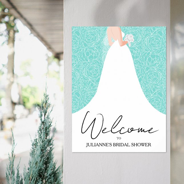 Hochzeitsgown-Brautparty Türkis Willkommen Poster (Bride in wedding gown on floral over turquoise bridal shower welcome poster, INSTANT DOWNLOAD, too)