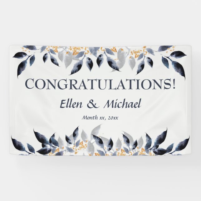 Hochzeitsgratulation Banner Elegant Blue Gold (Horizontal)
