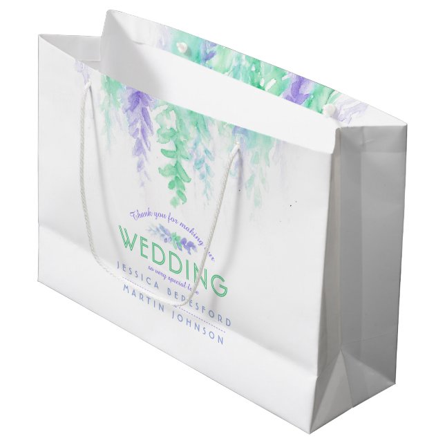 Hochzeitsgrün violette Blumen Dankeschön Geschenkt Große Geschenktüte (Vorderseite Schrägansicht)