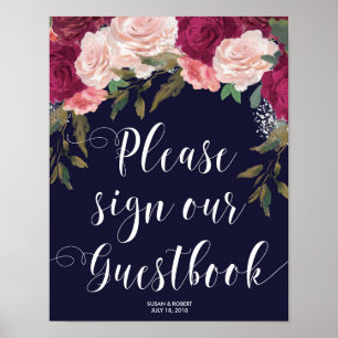 Hochzeitsguestbook Marinebild Rosa Blumengestein Poster