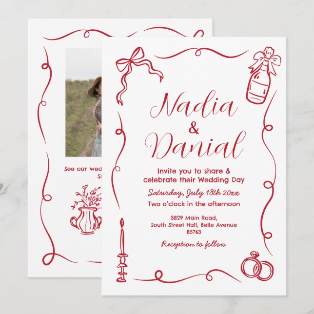 Hochzeitshandgezeichneter Whimsical Red QR Code Einladung (Vorne/Hinten)