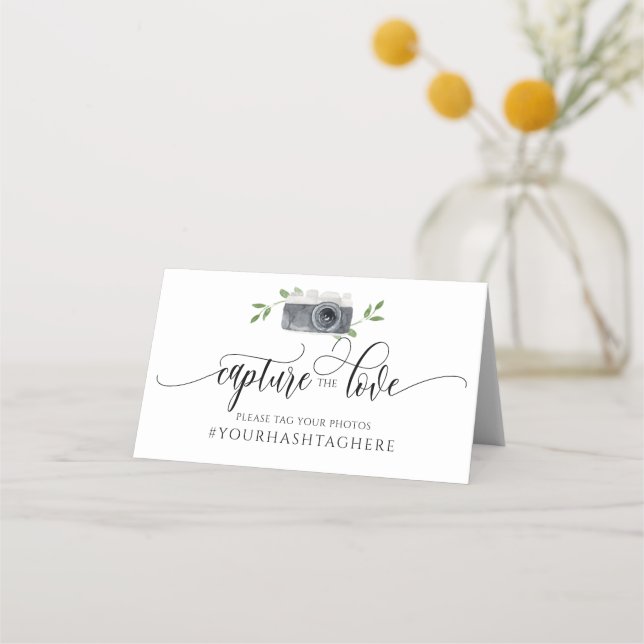 Hochzeitshashtag Signature Calligraphy Wasserfarbk Platzkarte (Vorderseite)