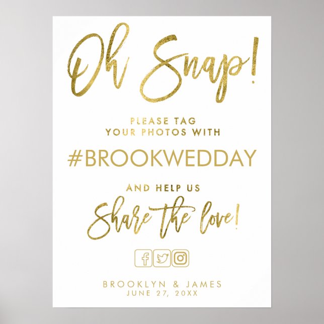 Hochzeitshashtag signieren Gold und Weiß Poster (Vorne)